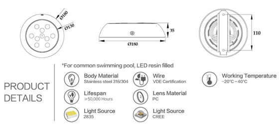 20000 godzin 180mm 12W oświetlenie basenu Rgb Led